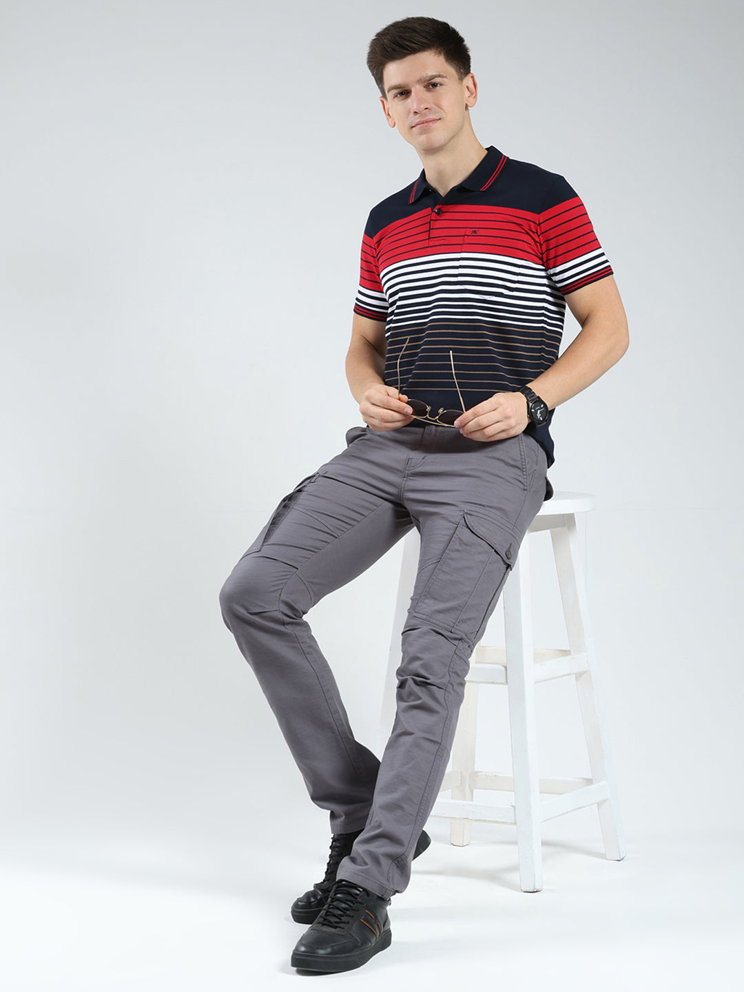 Men Navy Blue Stripe Collar Half Sleeve T-Shirt