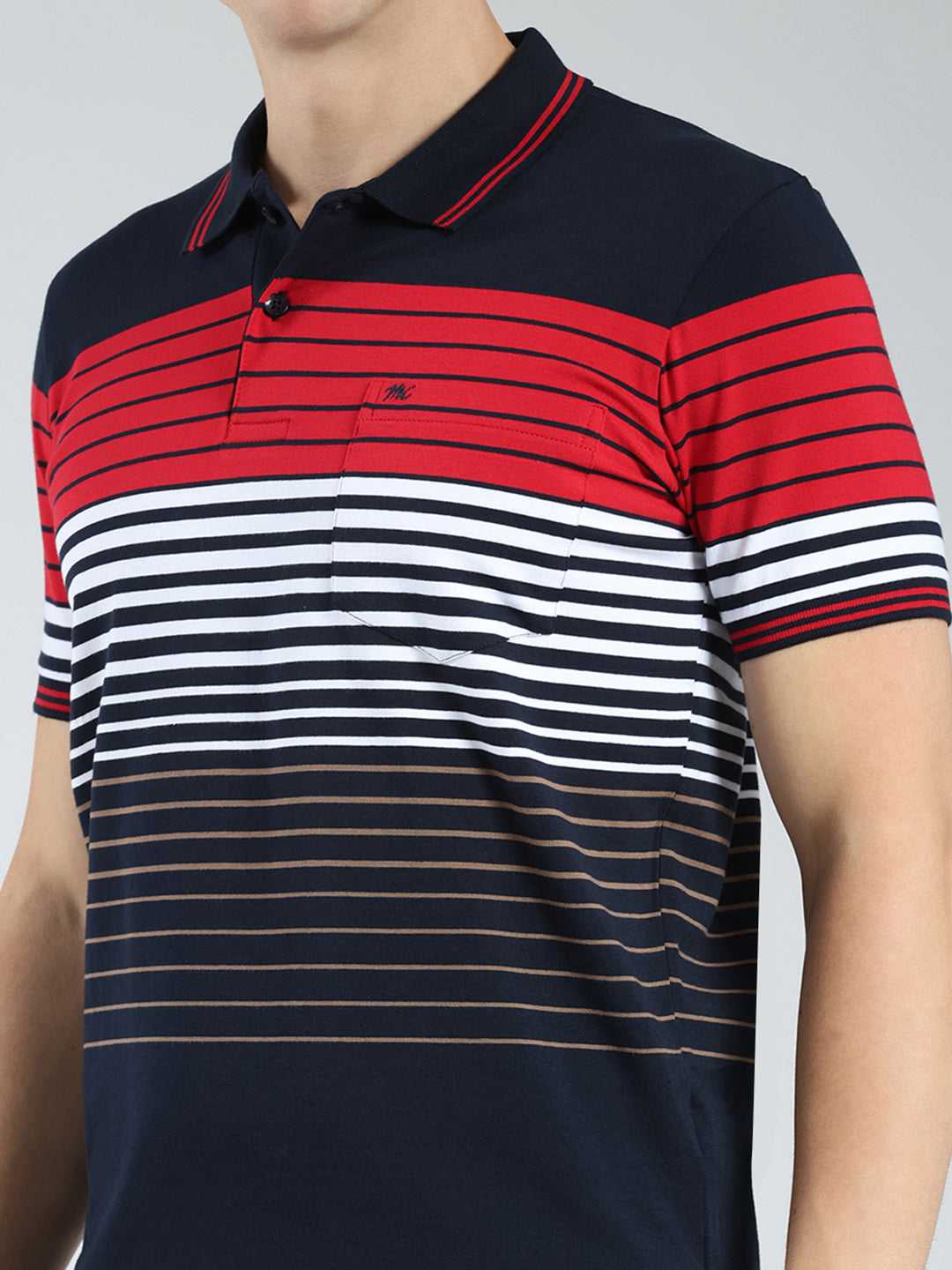 Men Navy Blue Stripe Collar Half Sleeve T-Shirt