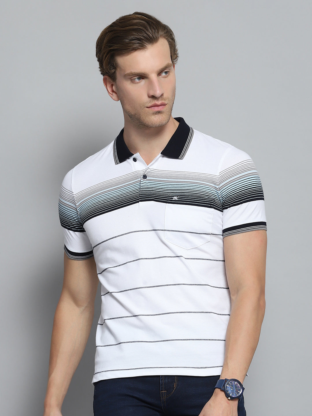 Men White Stripe Collar Half Sleeve T-Shirt