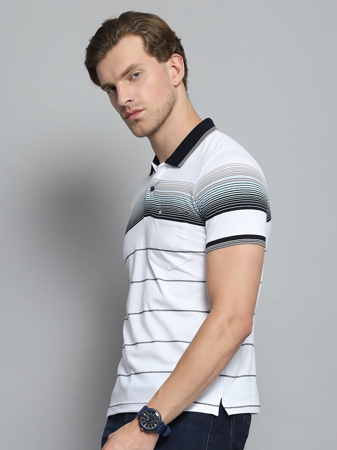 Men White Stripe Collar Half Sleeve T-Shirt