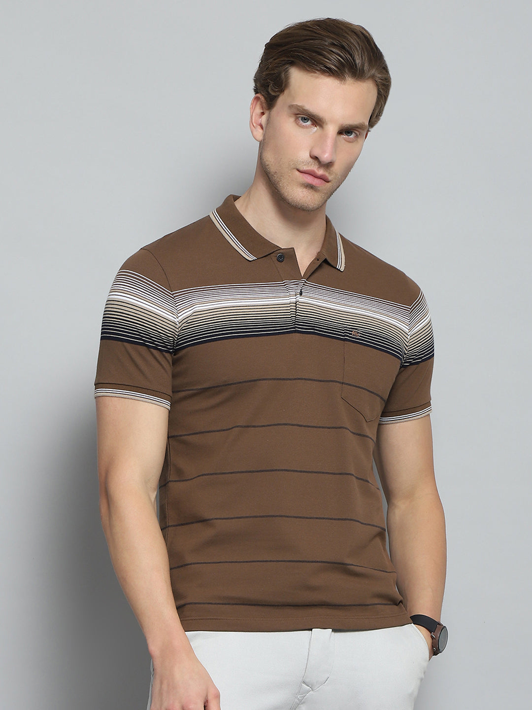 Men Brown Stripe Collar Half Sleeve T-Shirt