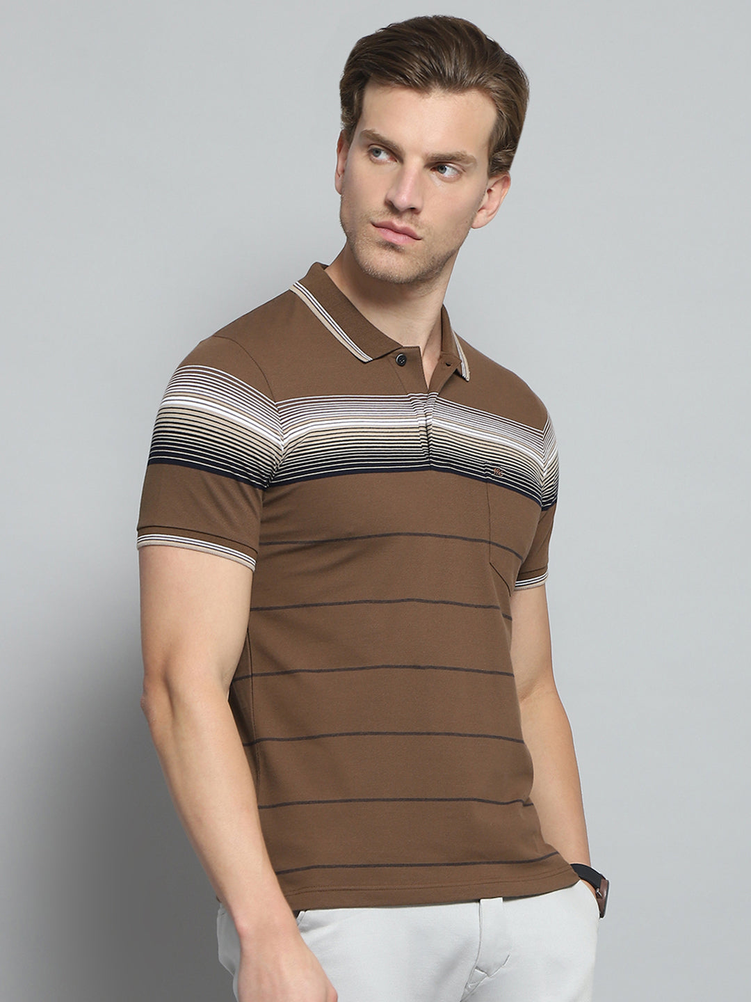 Men Brown Stripe Collar Half Sleeve T-Shirt