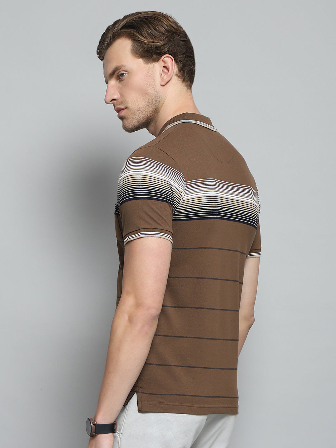 Men Brown Stripe Collar Half Sleeve T-Shirt