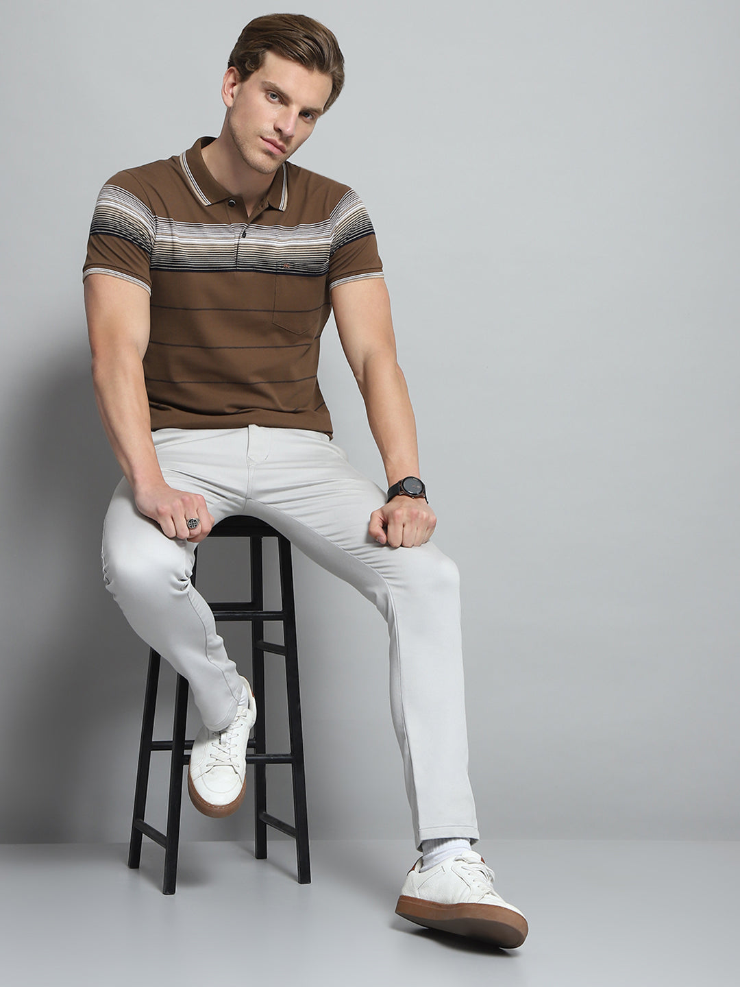 Men Brown Stripe Collar Half Sleeve T-Shirt