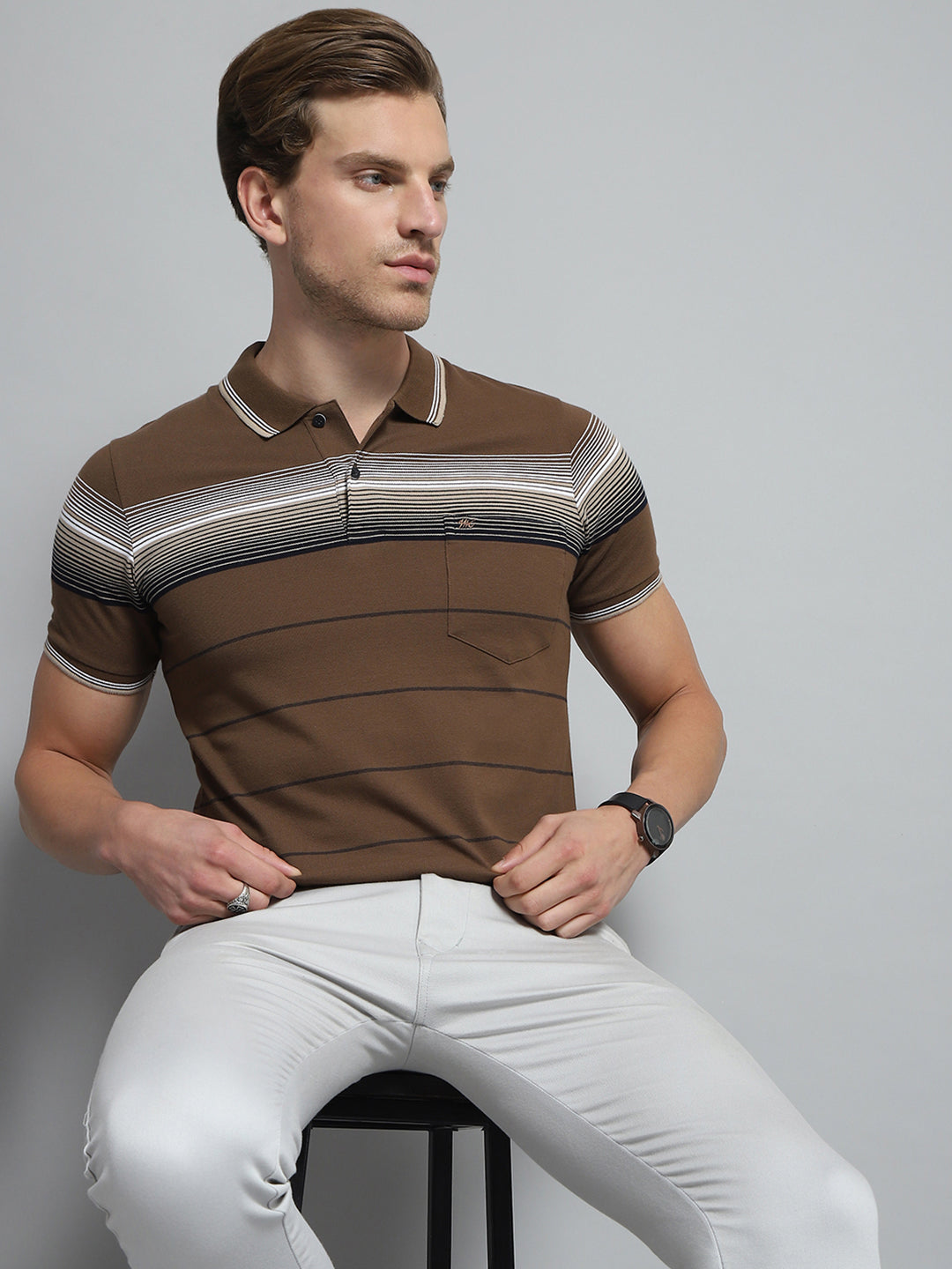 Men Brown Stripe Collar Half Sleeve T-Shirt