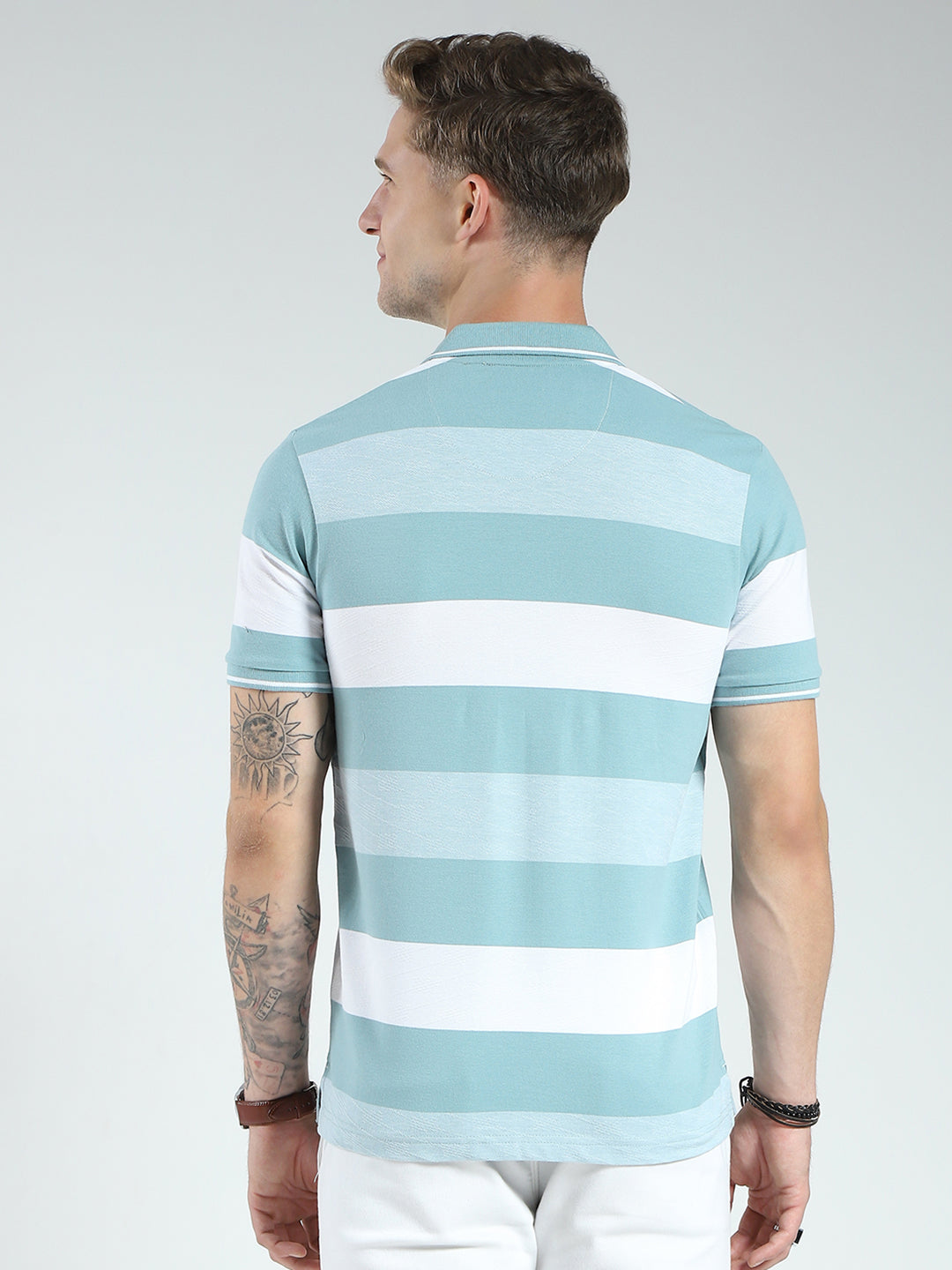 Men Green Stripe Collar Half Sleeve T-Shirt