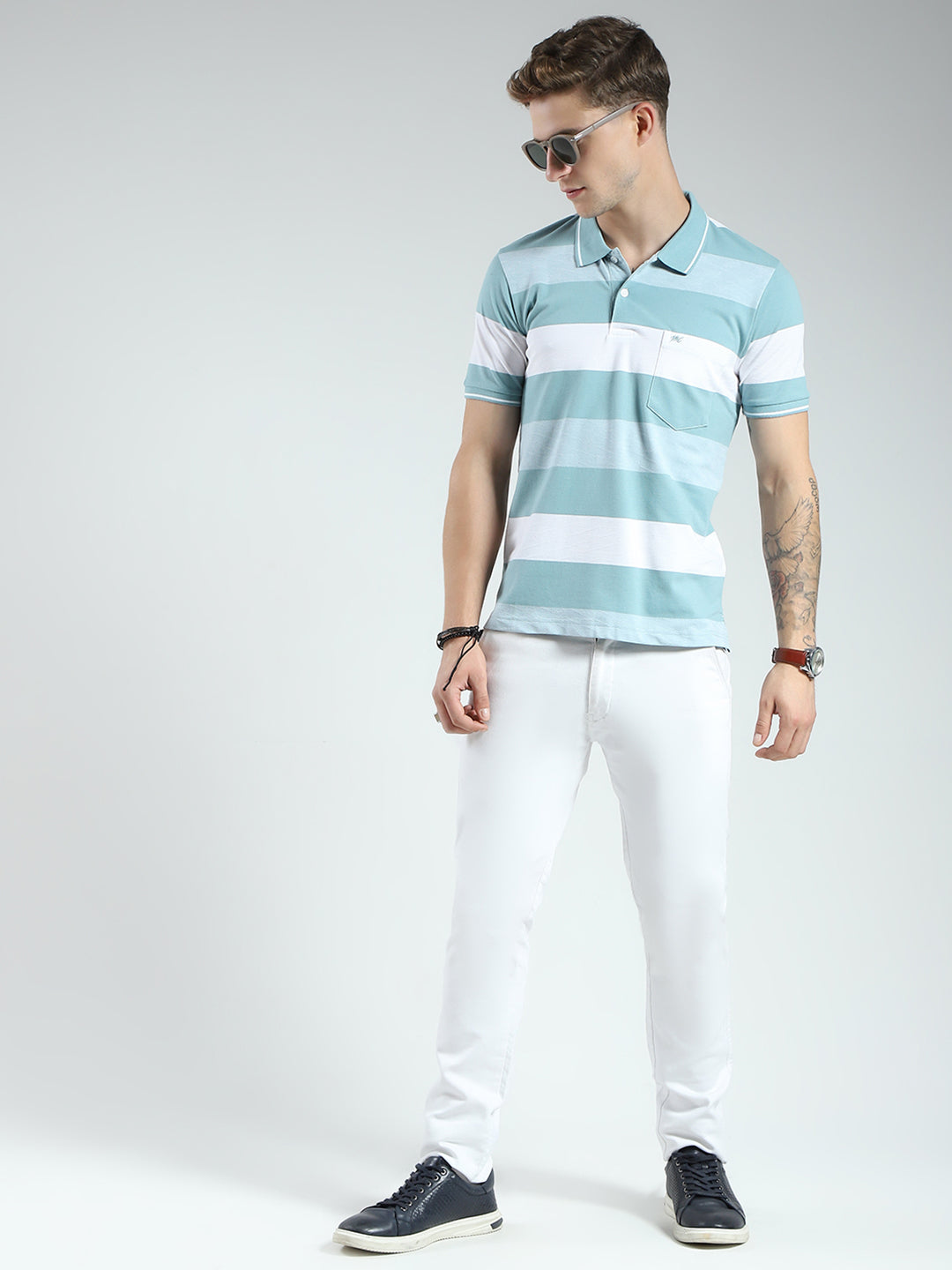 Men Green Stripe Collar Half Sleeve T-Shirt
