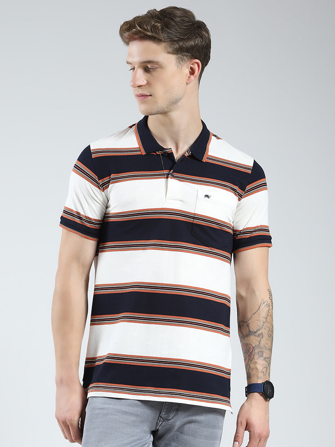 Men Navy Blue Stripe Collar Half Sleeve T-Shirt