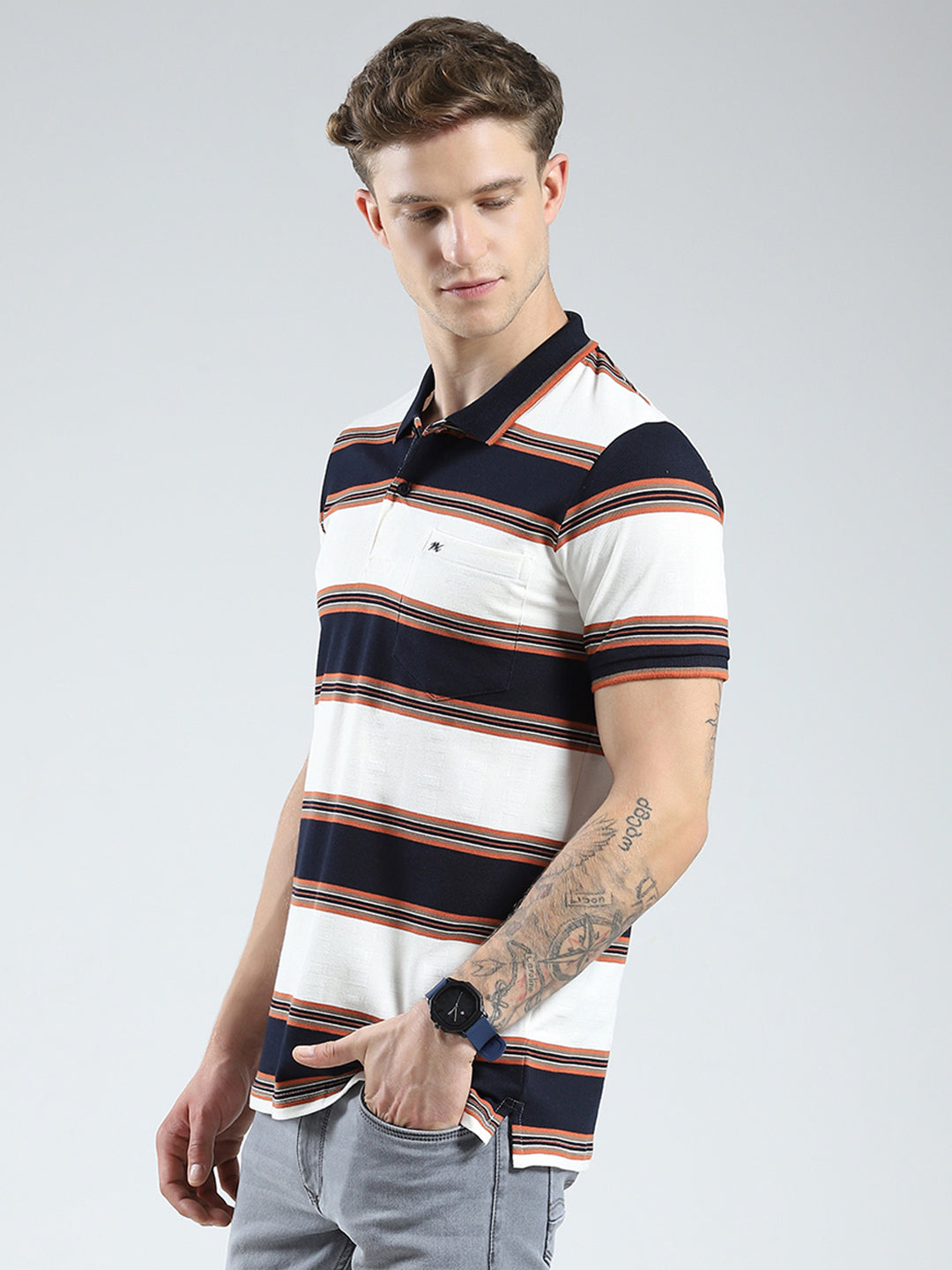 Men Navy Blue Stripe Collar Half Sleeve T-Shirt