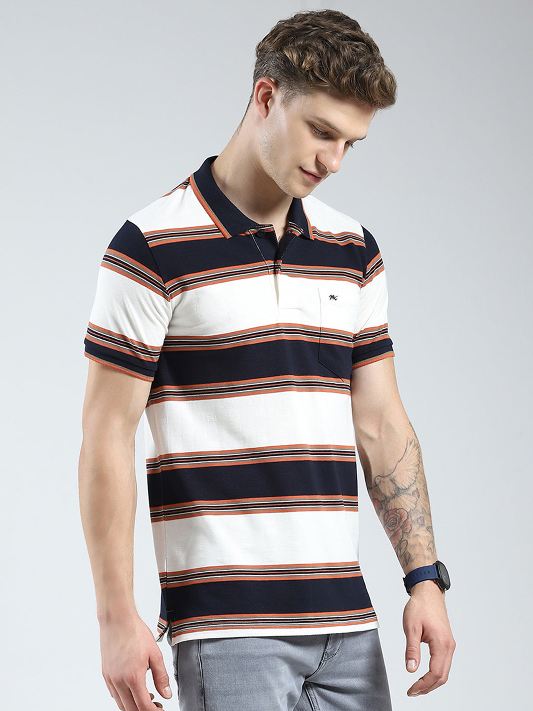 Men Navy Blue Stripe Collar Half Sleeve T-Shirt