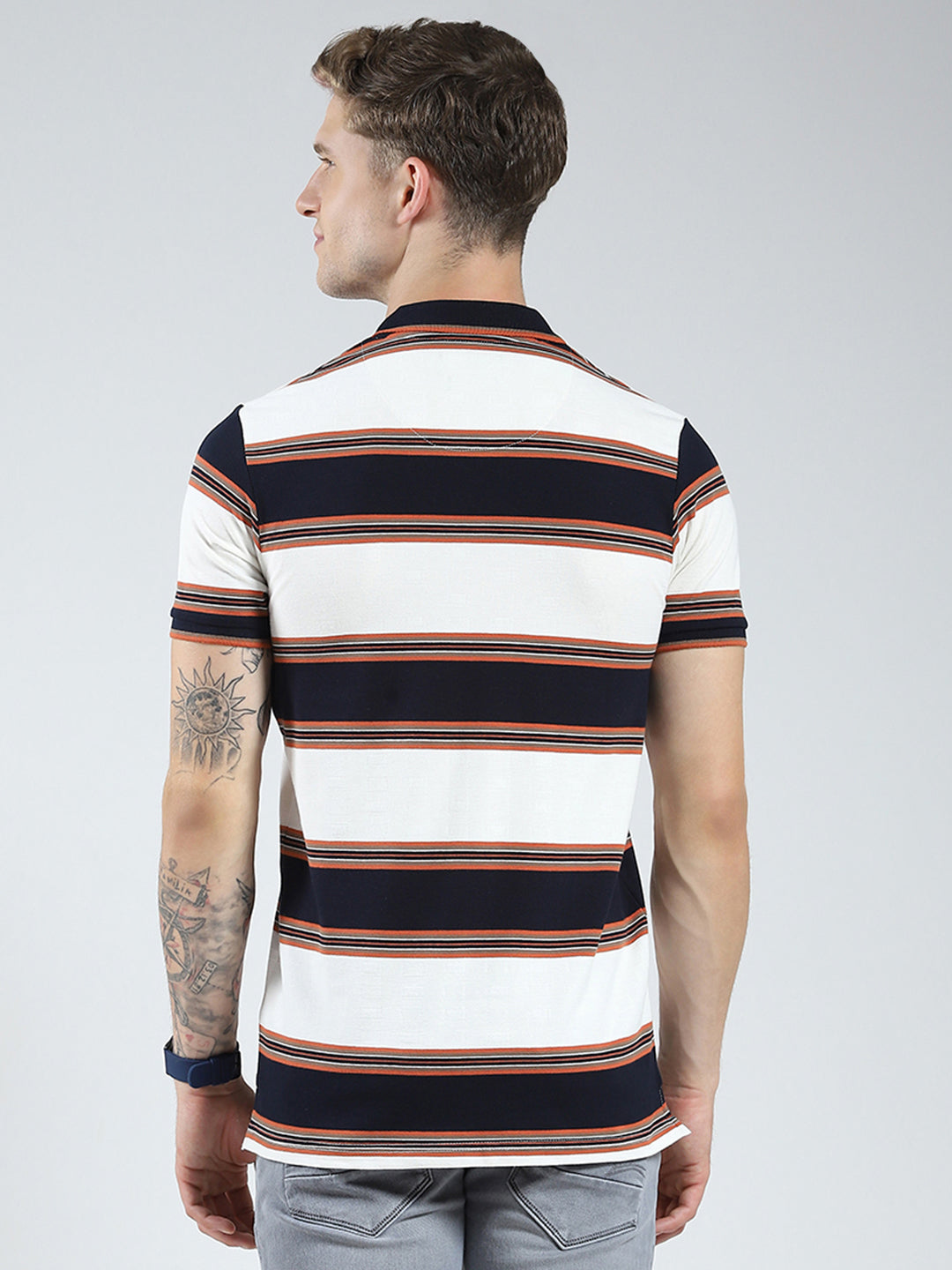 Men Navy Blue Stripe Collar Half Sleeve T-Shirt