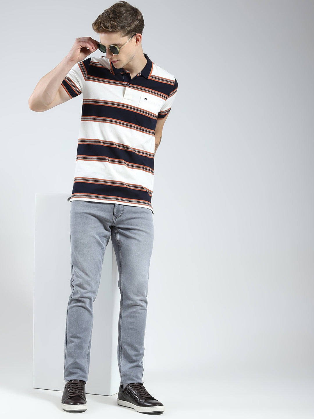 Men Navy Blue Stripe Collar Half Sleeve T-Shirt