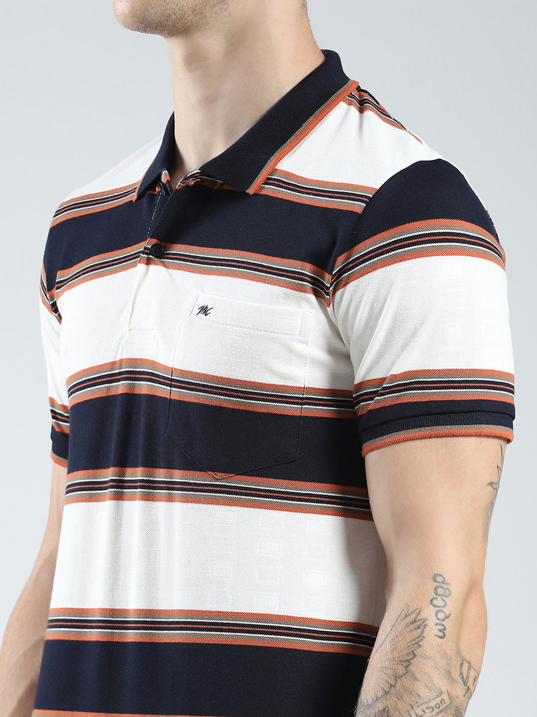 Men Navy Blue Stripe Collar Half Sleeve T-Shirt