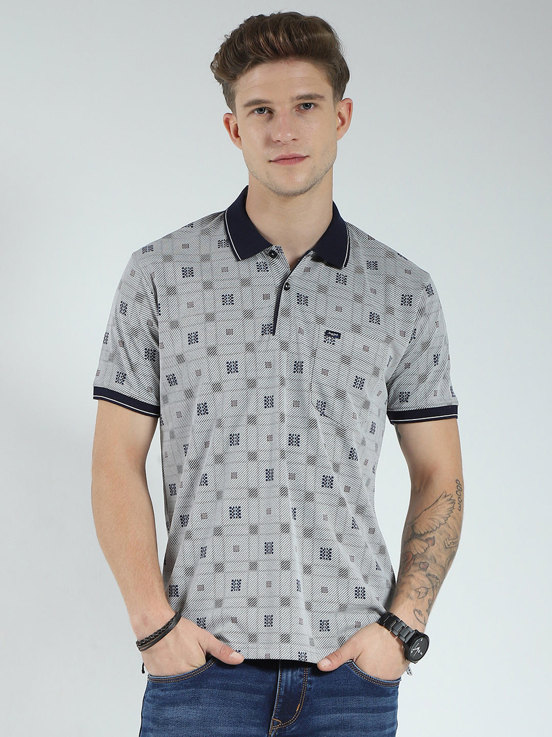 Men Grey Printed Collar Half Sleeve T-Shirt - Main Image