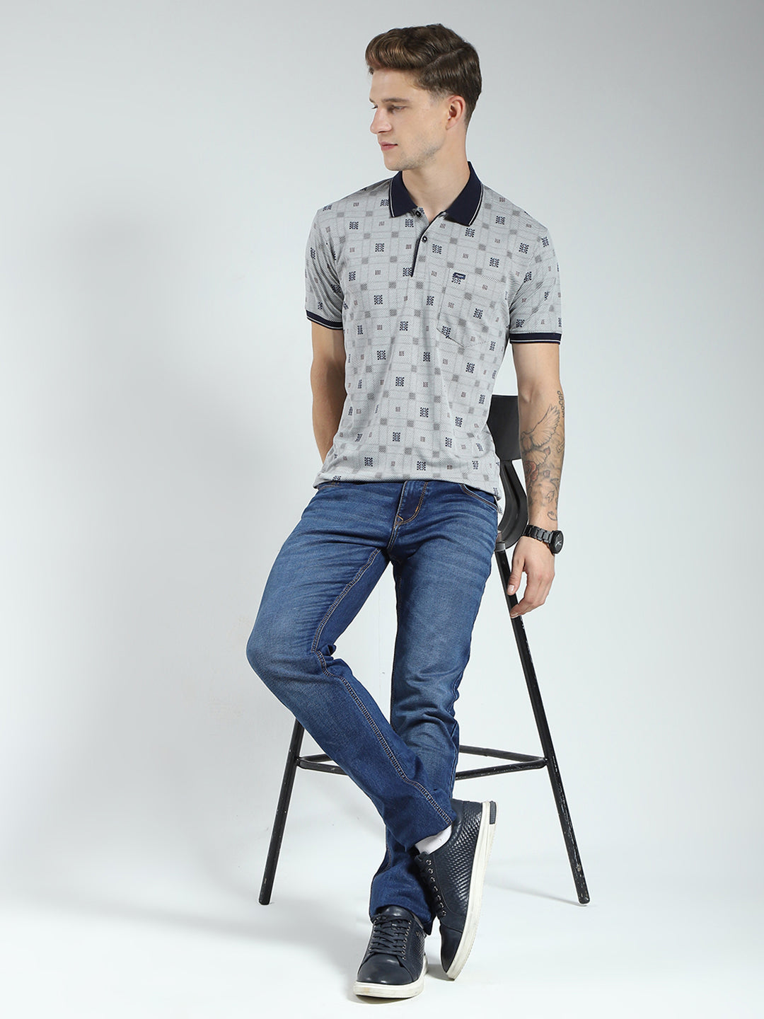 Men Grey Printed Collar Half Sleeve T-Shirt