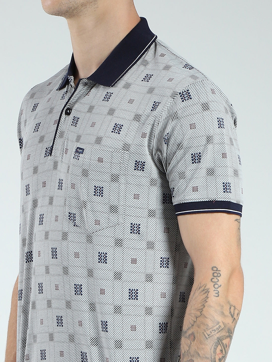 Men Grey Printed Collar Half Sleeve T-Shirt