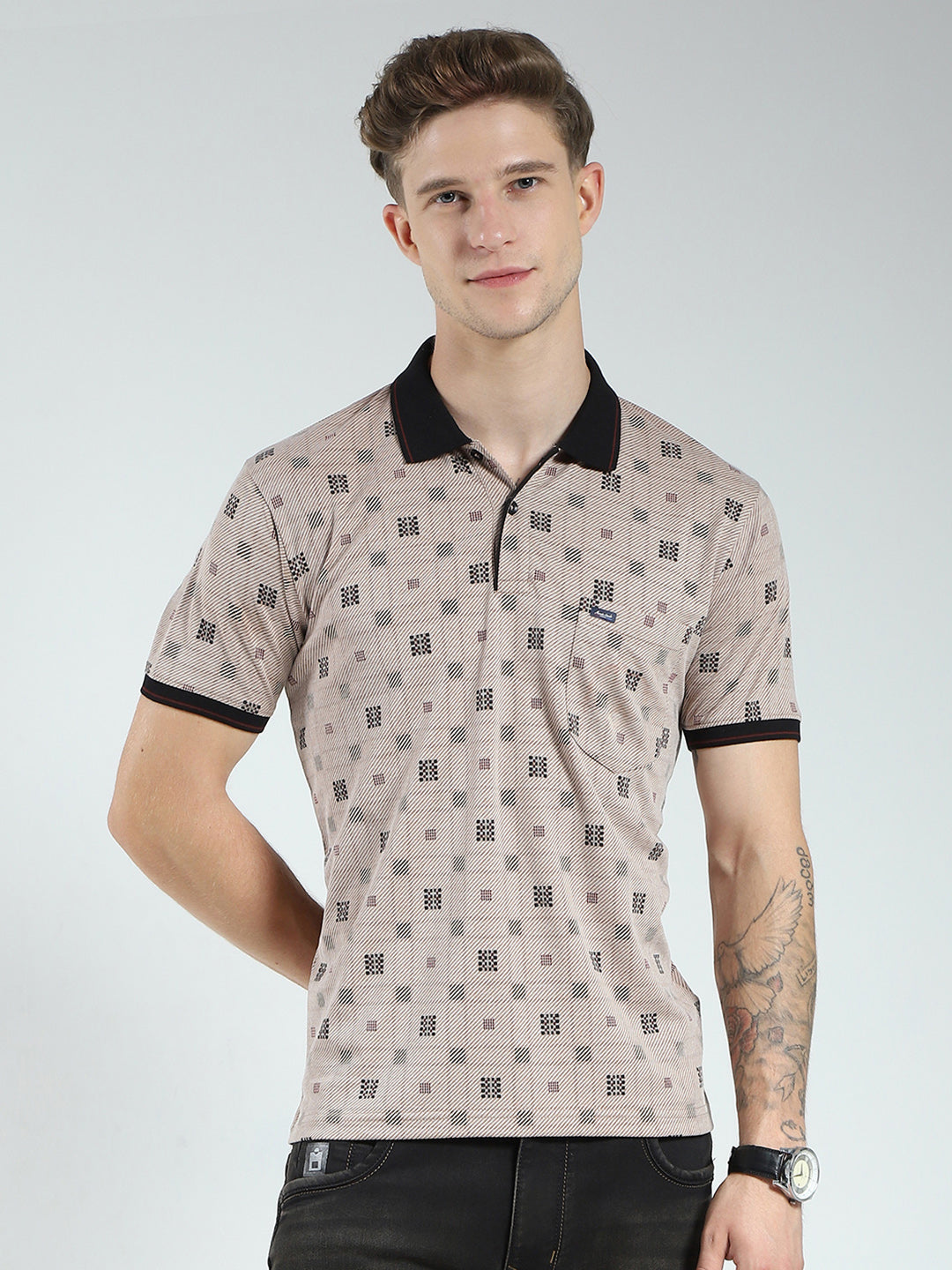 Men Beige Printed Collar Half Sleeve T-Shirt