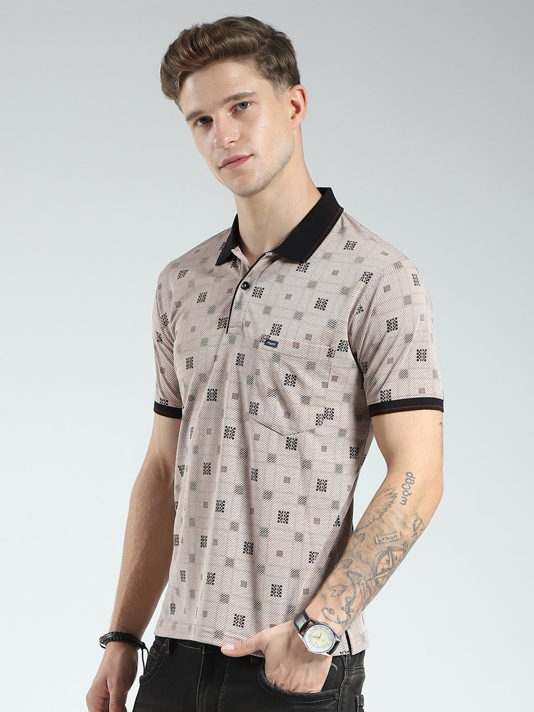 Men Beige Printed Collar Half Sleeve T-Shirt