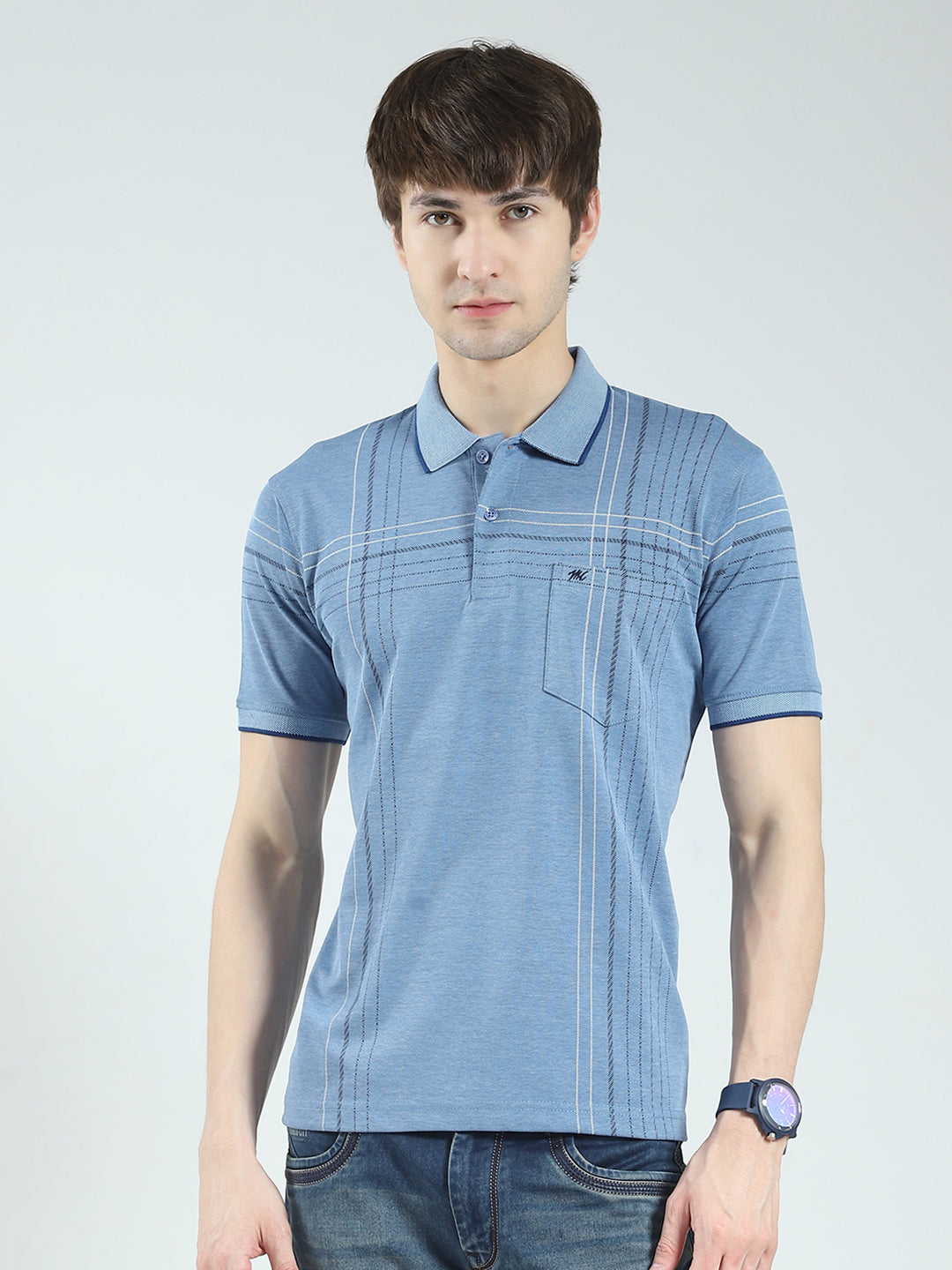 Men Blue Printed Collar Half Sleeve T-Shirt