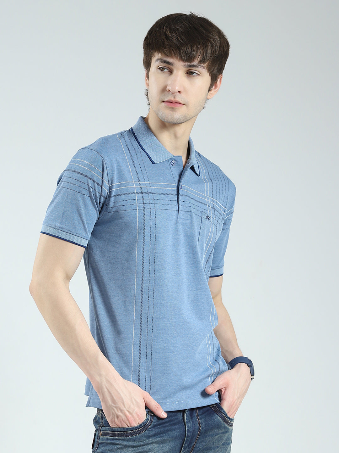 Men Blue Printed Collar Half Sleeve T-Shirt