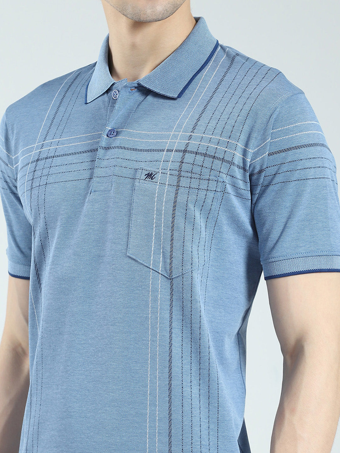 Men Blue Printed Collar Half Sleeve T-Shirt