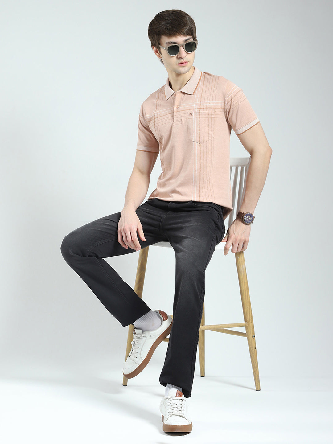 Men Peach Printed Collar Half Sleeve T-Shirt