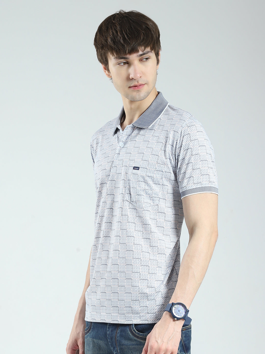 Men Grey Printed Collar Half Sleeve T-Shirt