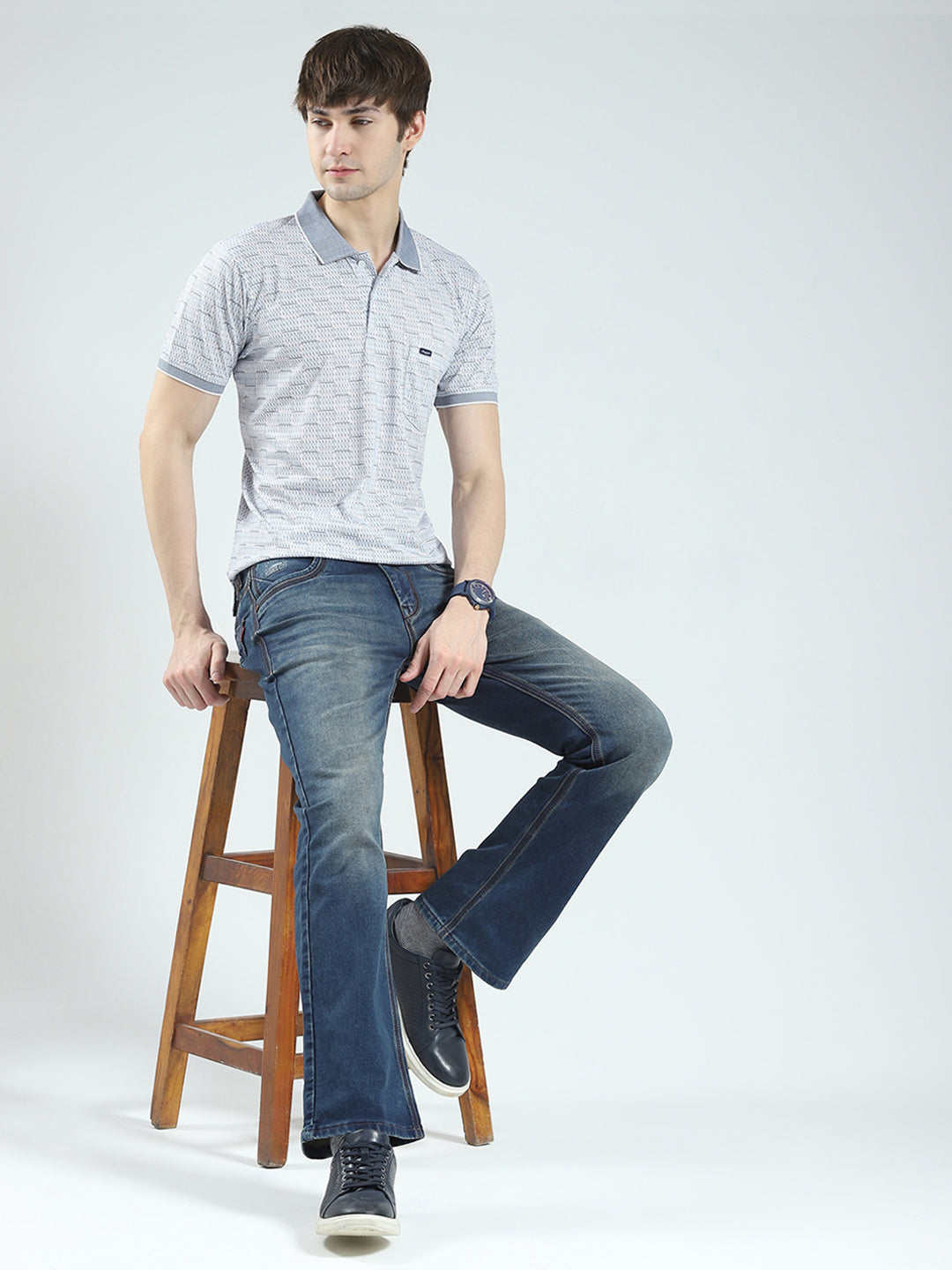 Men Grey Printed Collar Half Sleeve T-Shirt