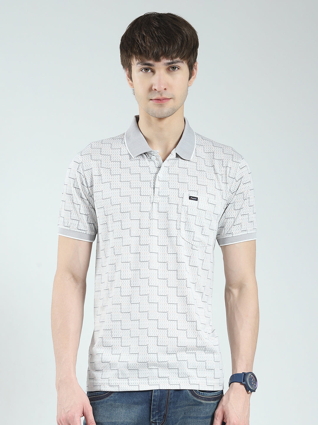 Men Grey Printed Collar Half Sleeve T-Shirt