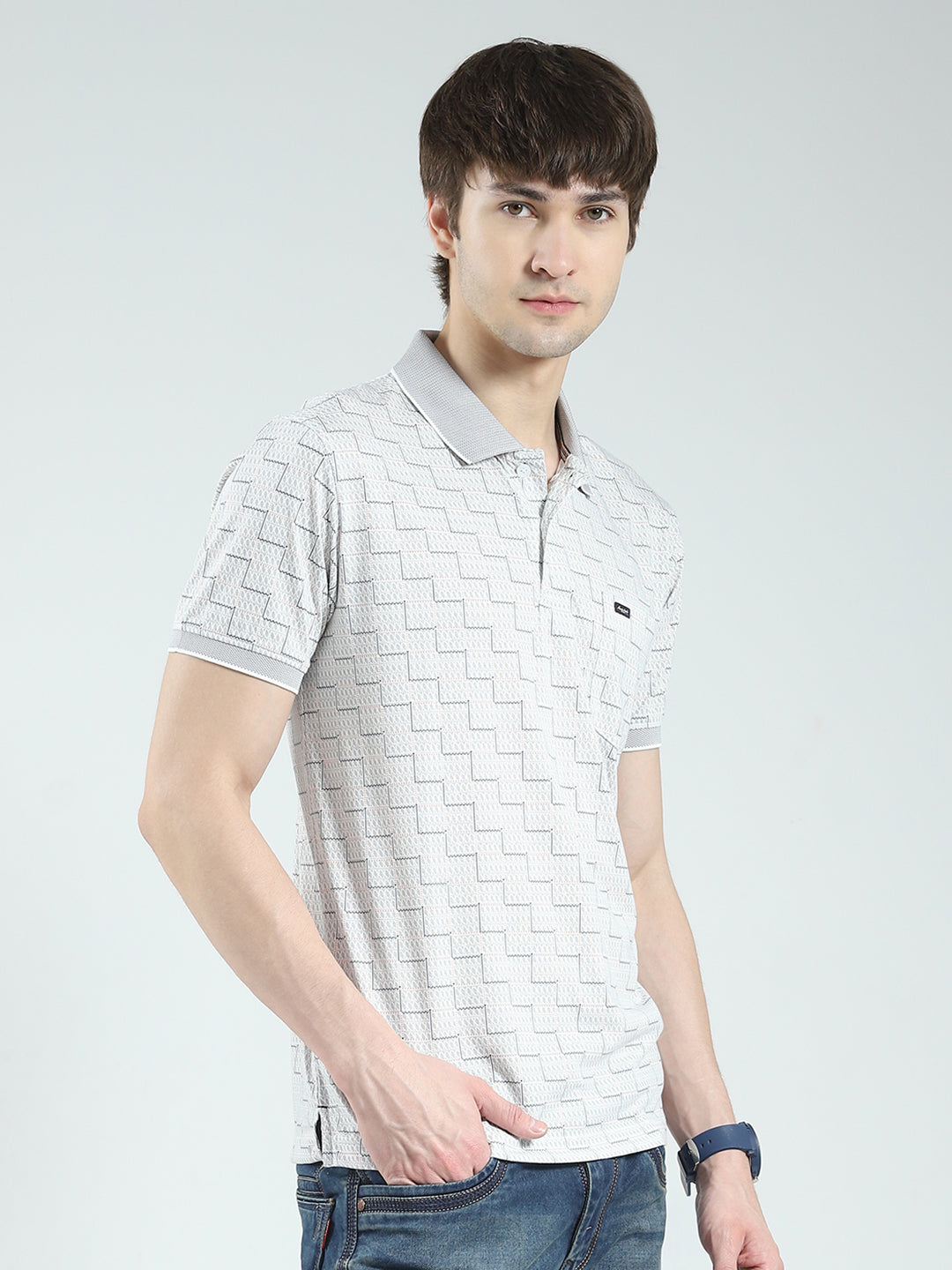 Men Grey Printed Collar Half Sleeve T-Shirt