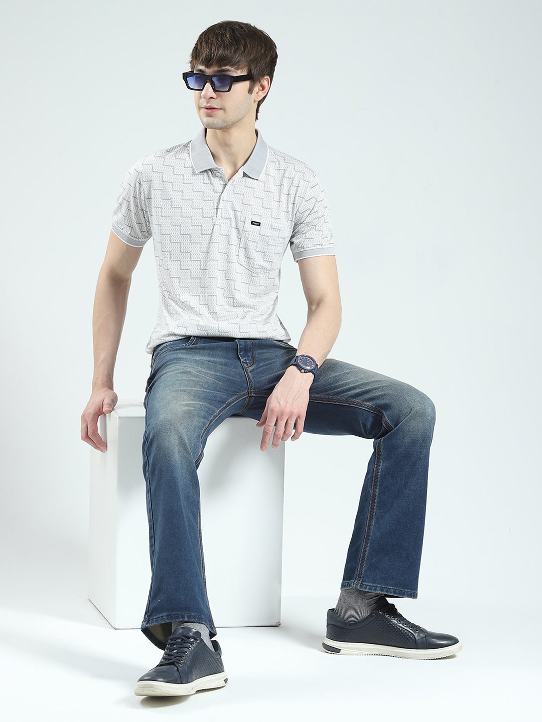 Men Grey Printed Collar Half Sleeve T-Shirt