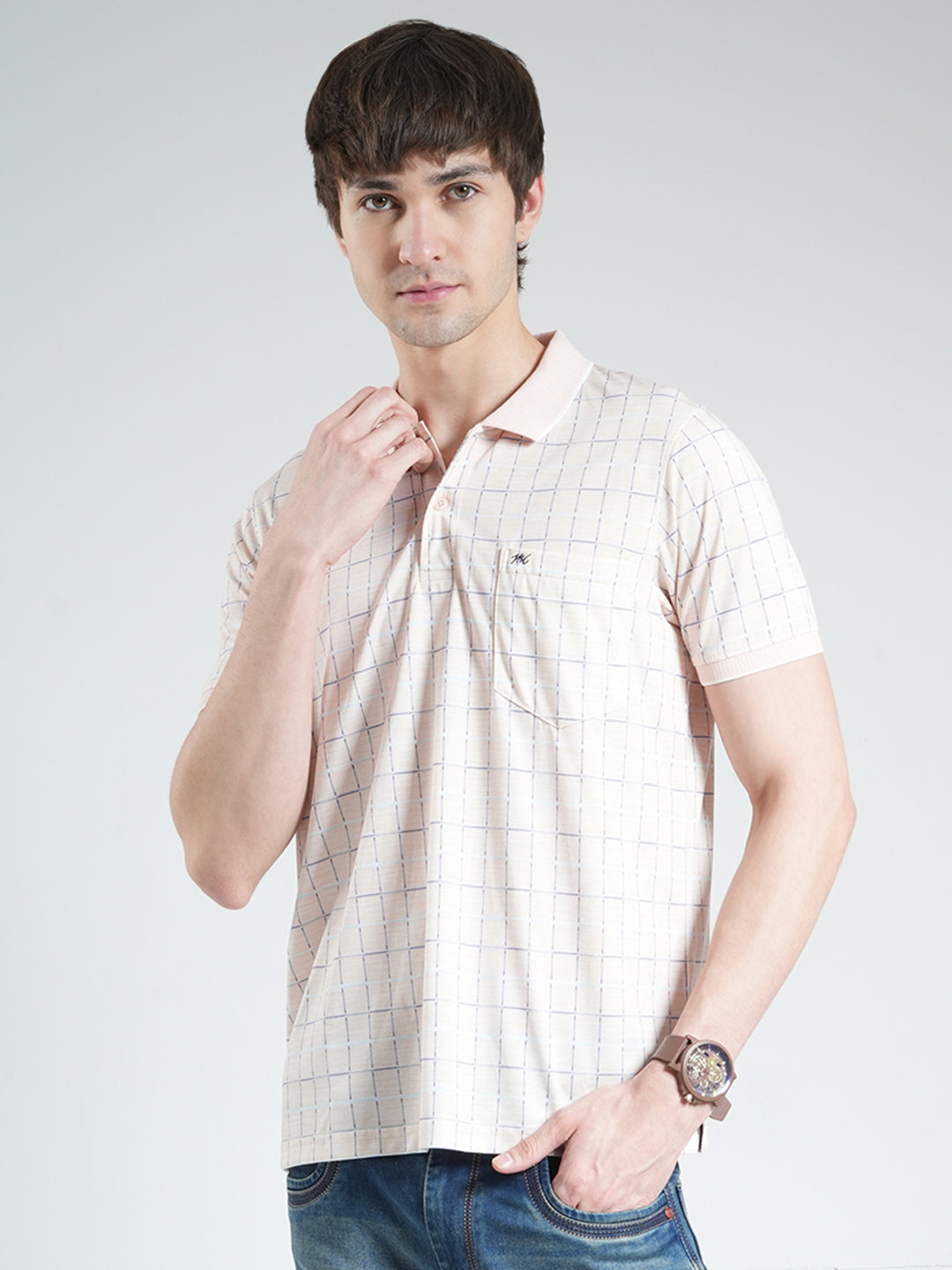 Men Peach Printed Collar Half Sleeve T-Shirt