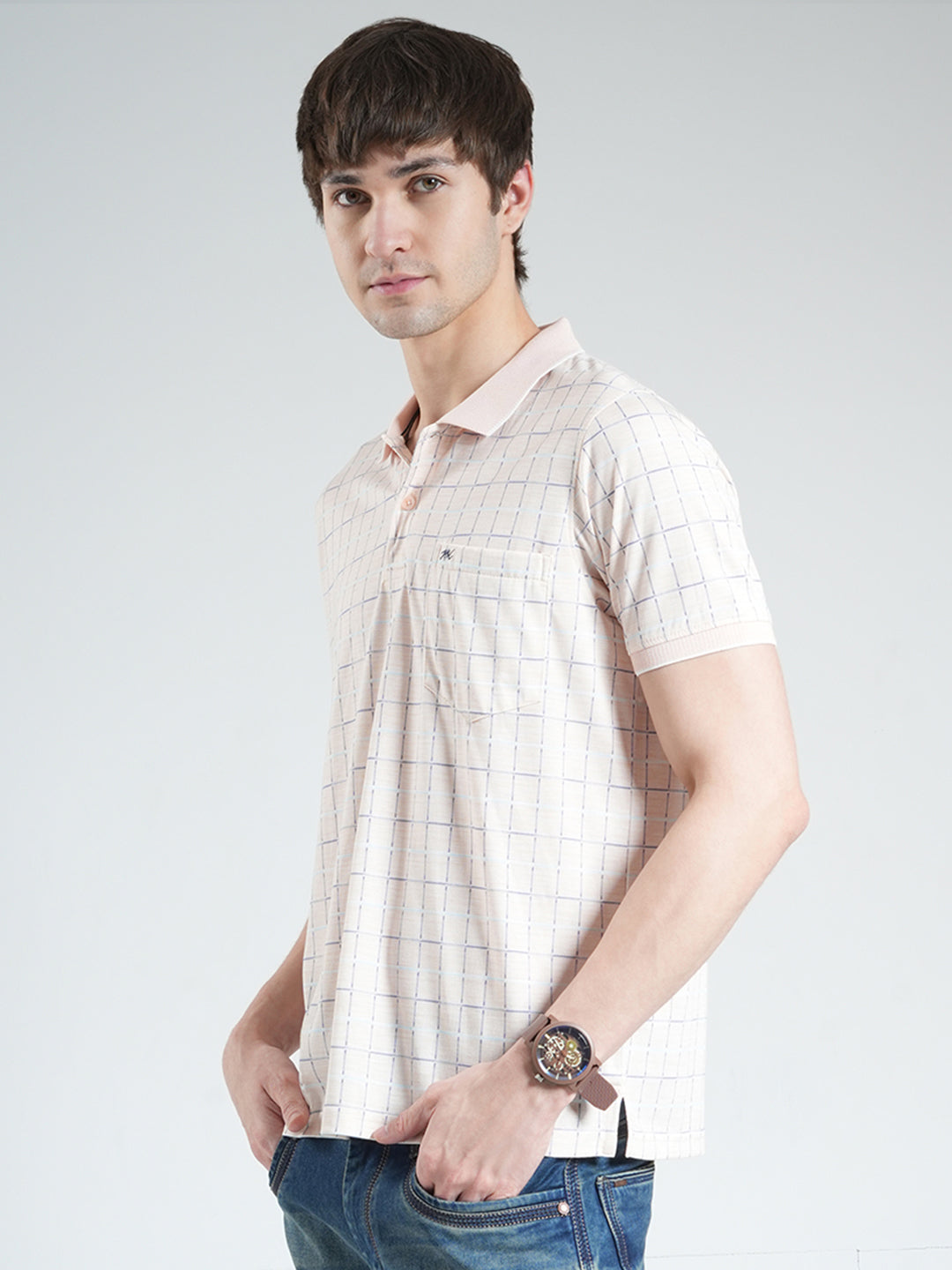 Men Peach Printed Collar Half Sleeve T-Shirt