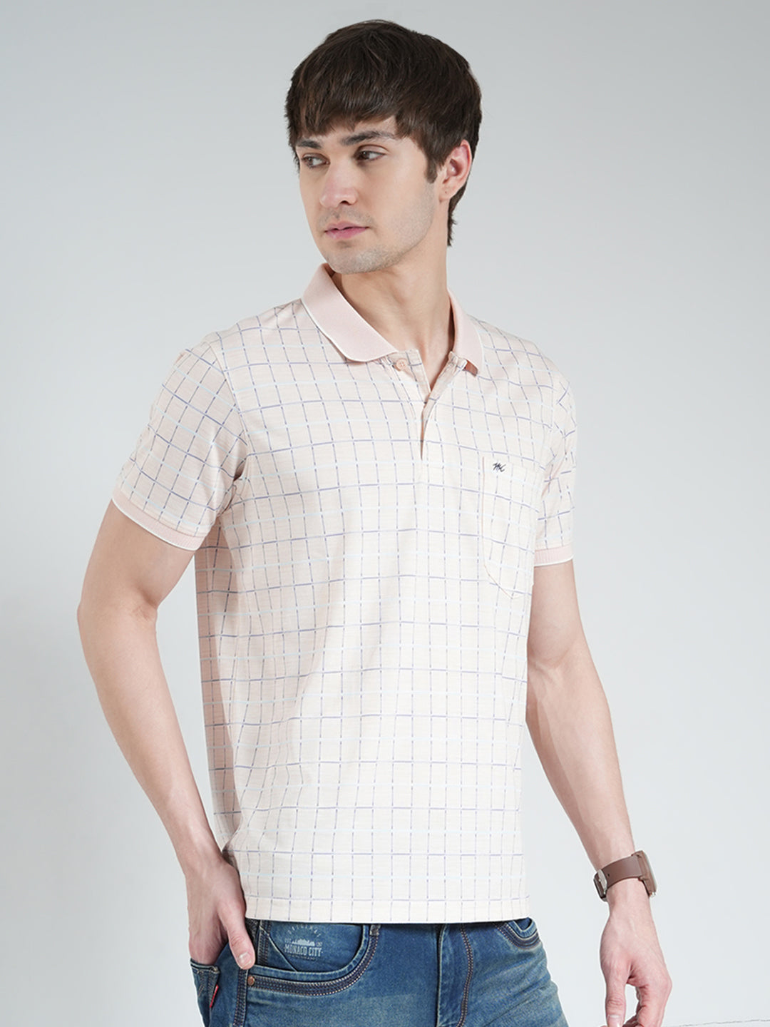 Men Peach Printed Collar Half Sleeve T-Shirt