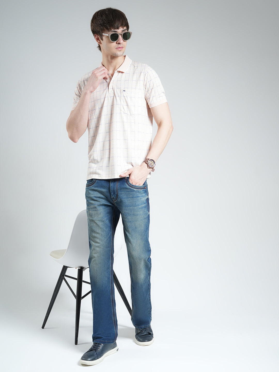 Men Peach Printed Collar Half Sleeve T-Shirt