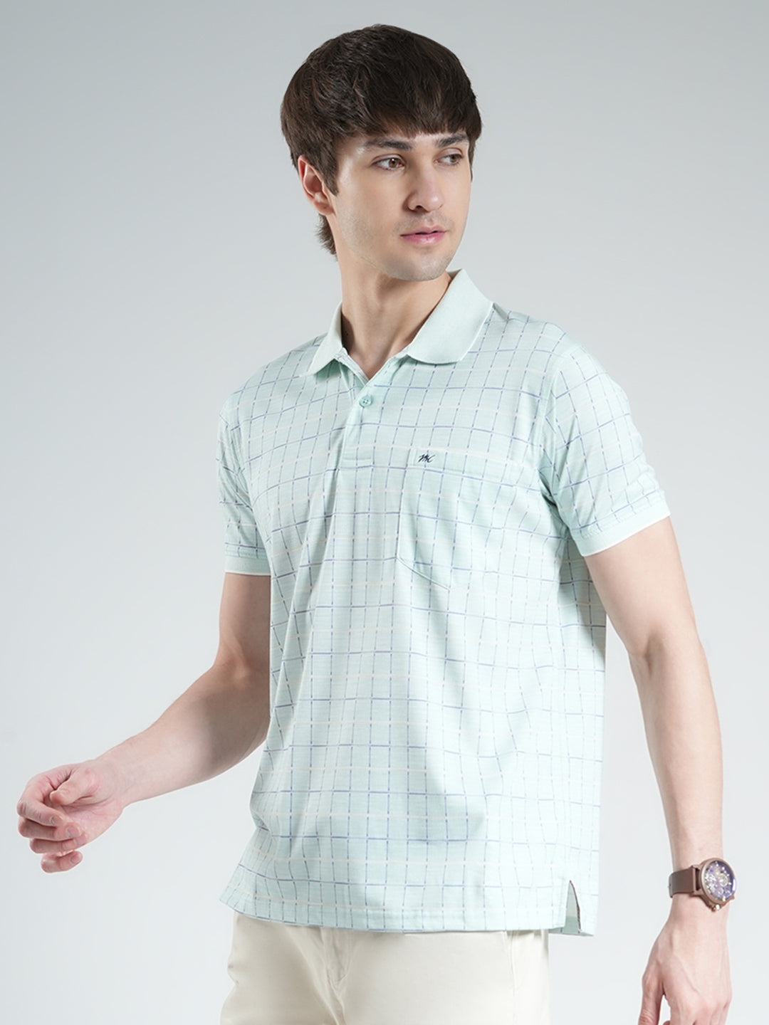 Men Blue Printed Collar Half Sleeve T-Shirt