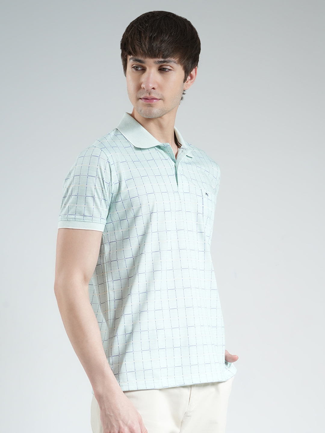 Men Blue Printed Collar Half Sleeve T-Shirt