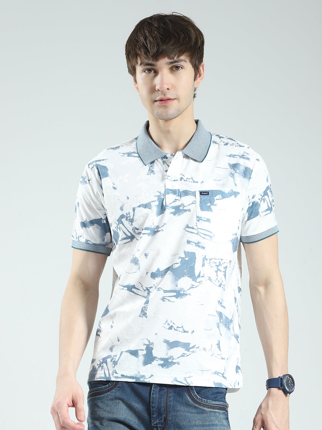 Men Blue Printed Collar Half Sleeve T-Shirt