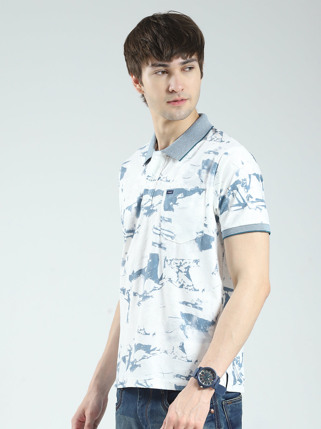 Men Blue Printed Collar Half Sleeve T-Shirt