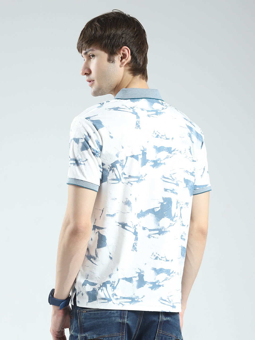 Men Blue Printed Collar Half Sleeve T-Shirt