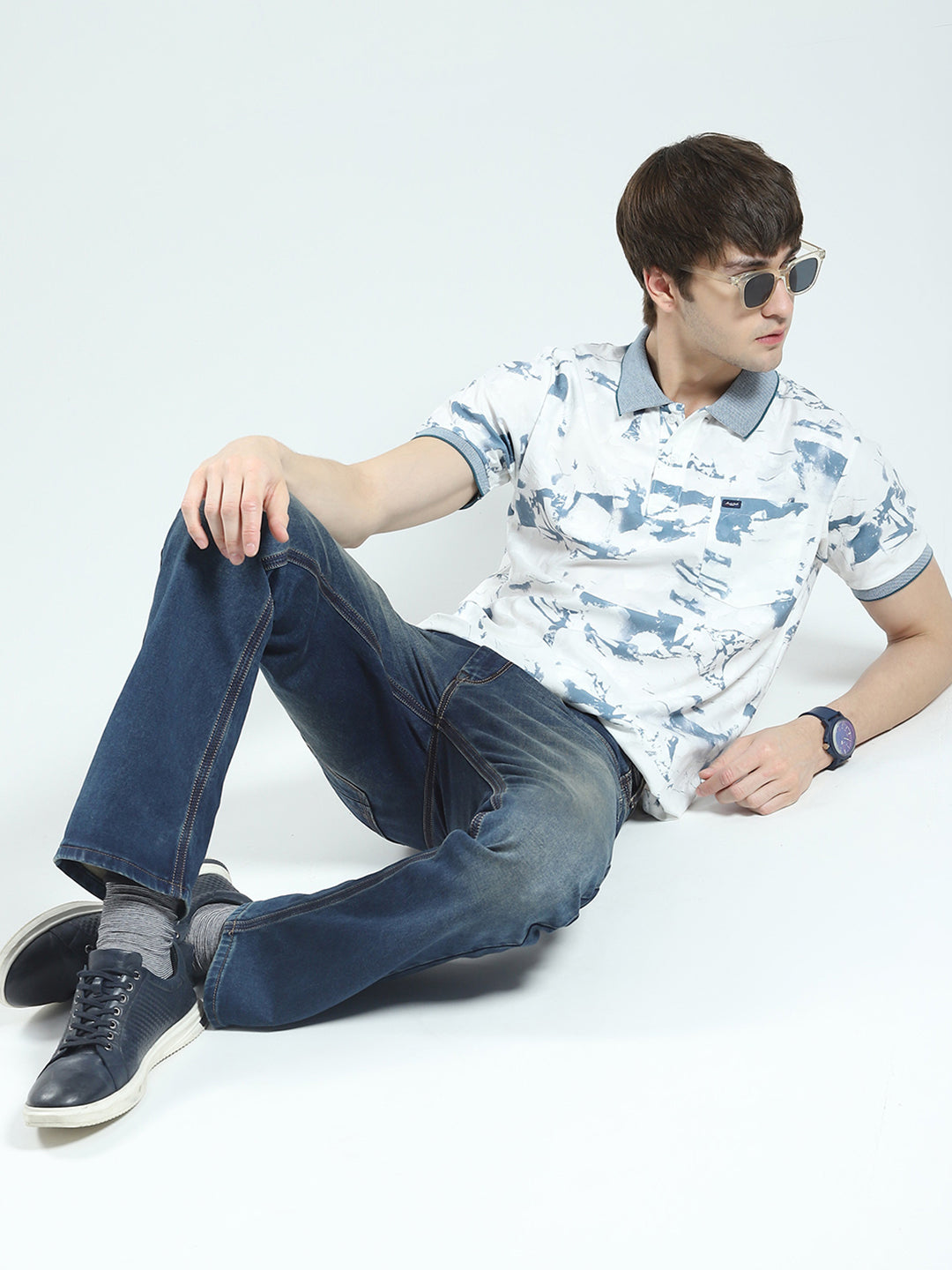 Men Blue Printed Collar Half Sleeve T-Shirt