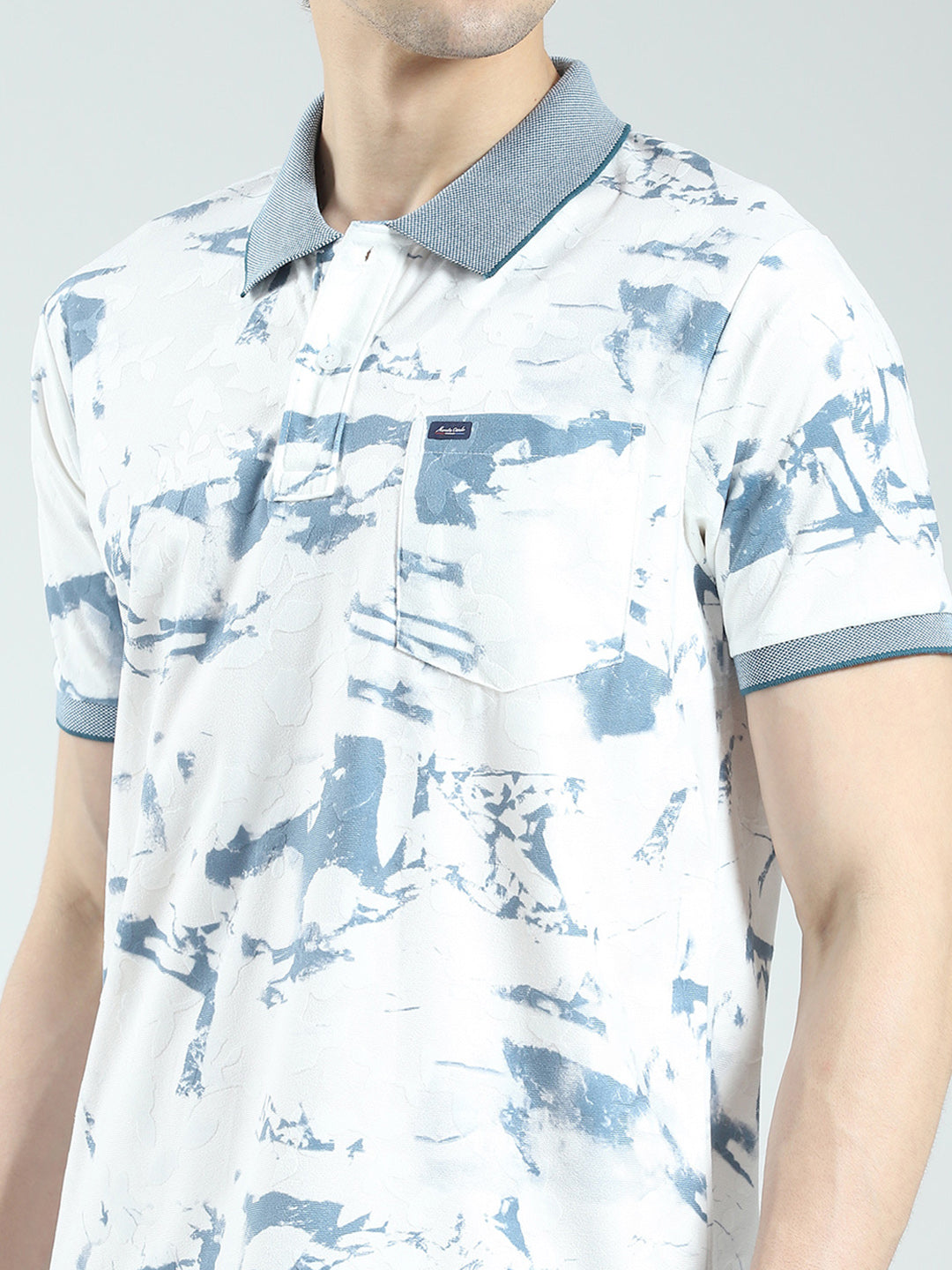 Men Blue Printed Collar Half Sleeve T-Shirt