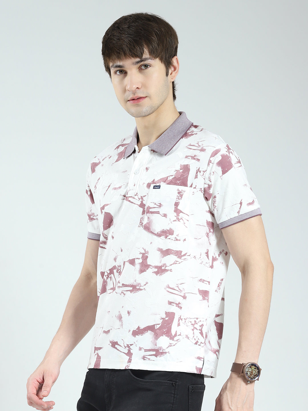 Men Pink Printed Collar Half Sleeve T-Shirt