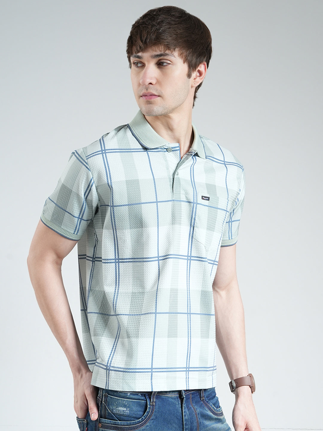 Men Green Printed Collar Half Sleeve T-Shirt