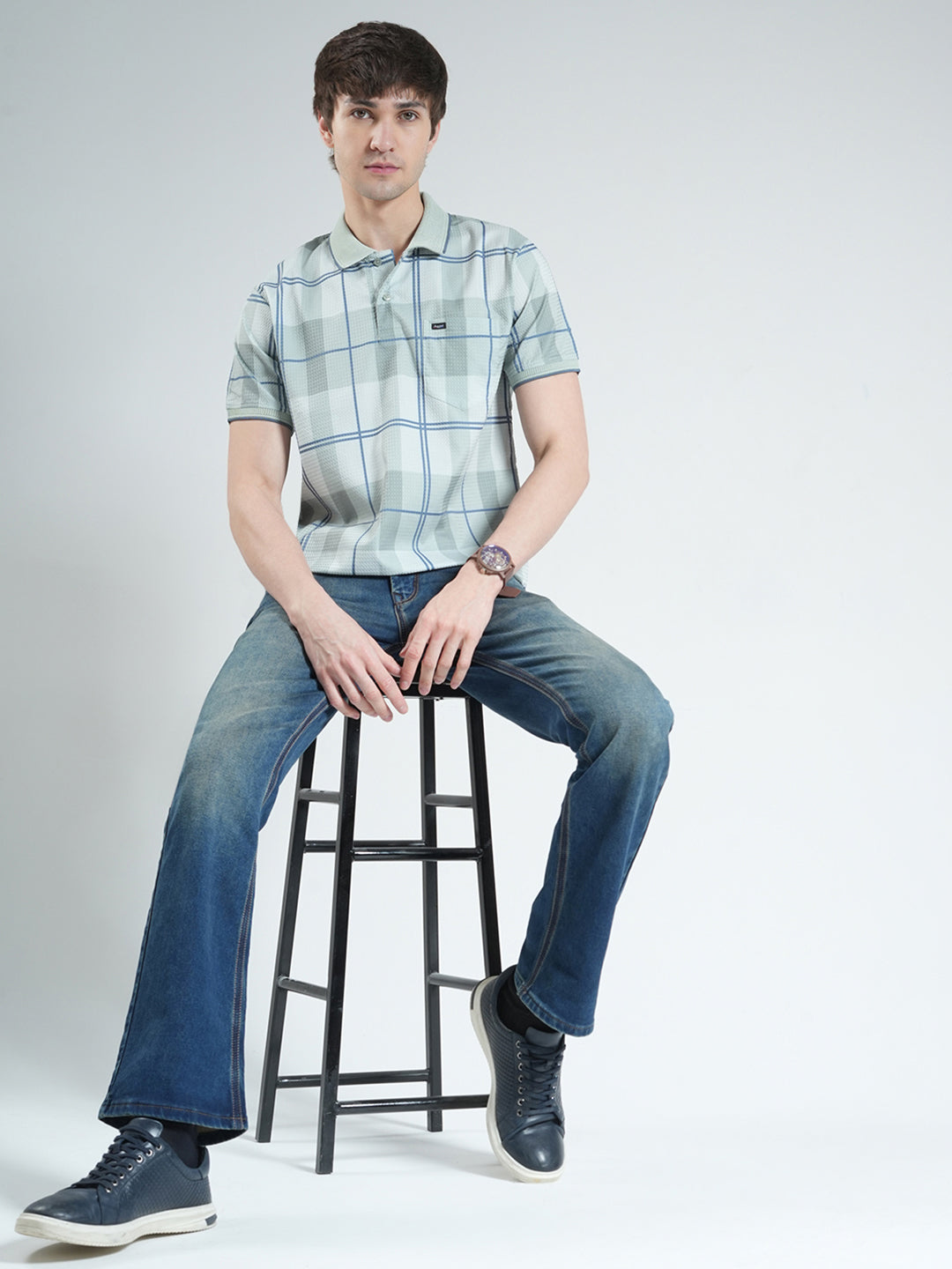 Men Green Printed Collar Half Sleeve T-Shirt