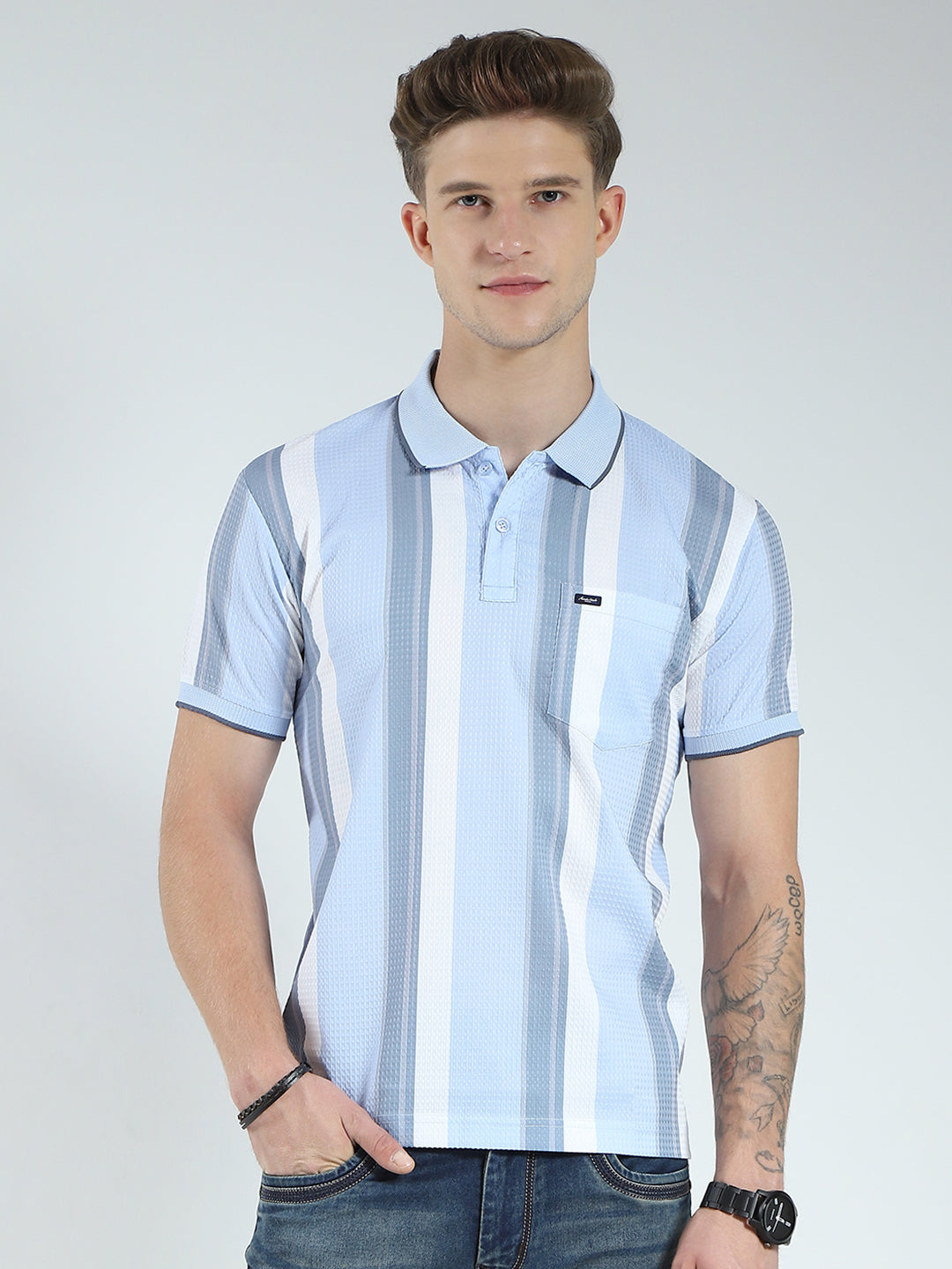 Men Blue Stripe Collar Half Sleeve T-Shirt