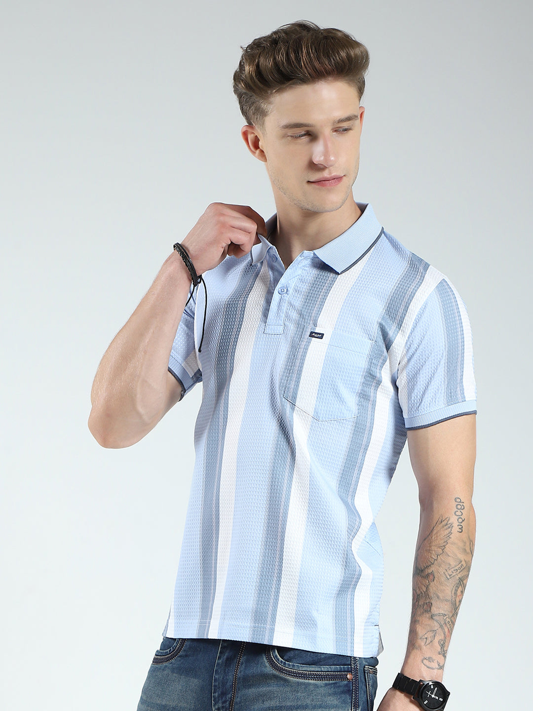 Men Blue Stripe Collar Half Sleeve T-Shirt