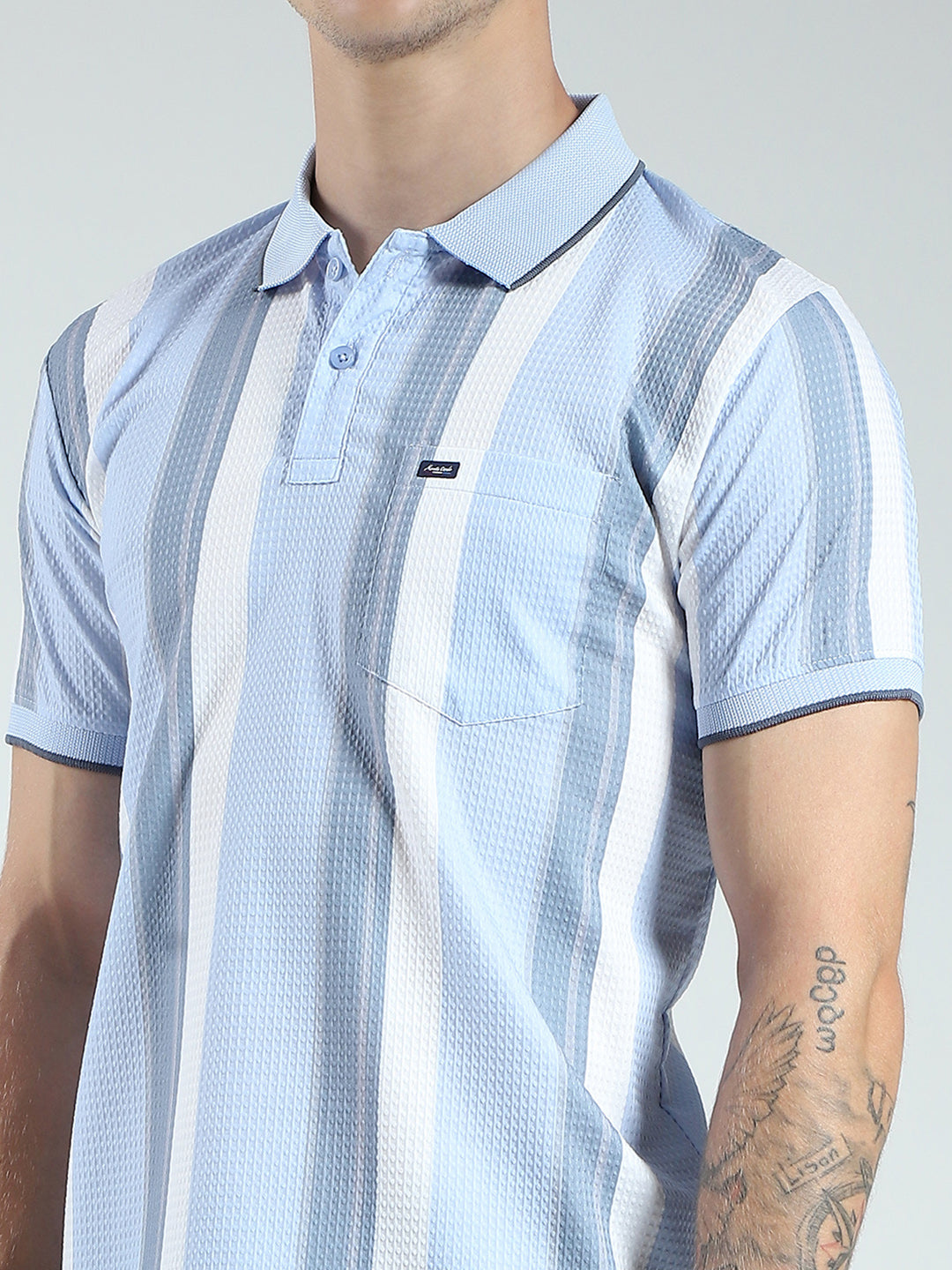 Men Blue Stripe Collar Half Sleeve T-Shirt