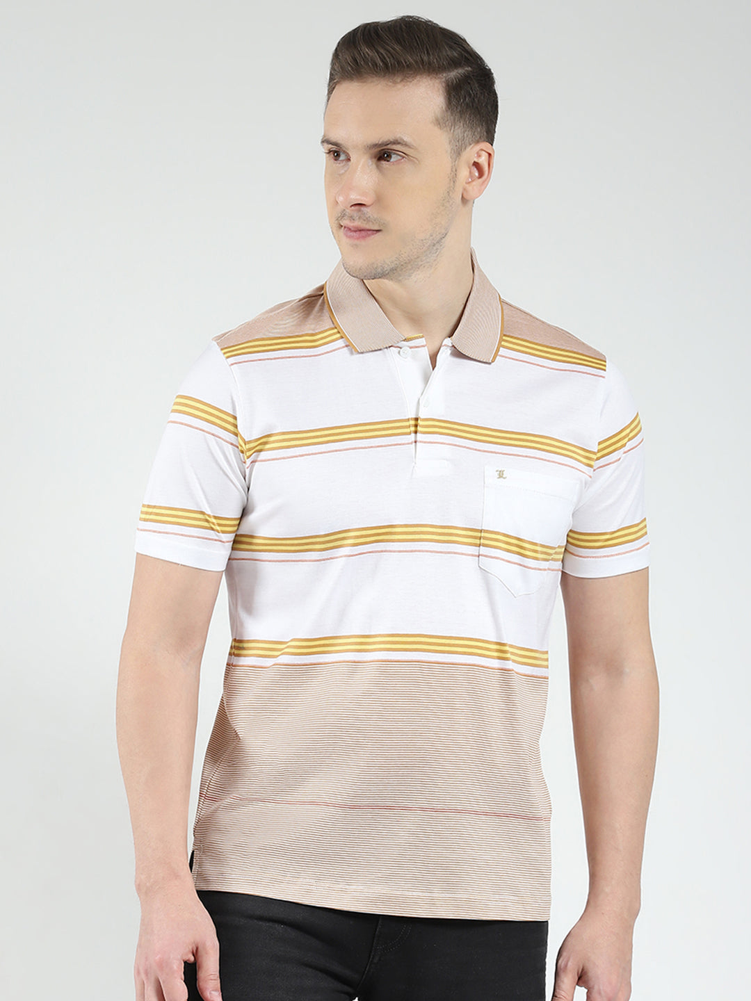 Luxuria Men Beige Stripe Collar Half Sleeve T-Shirt