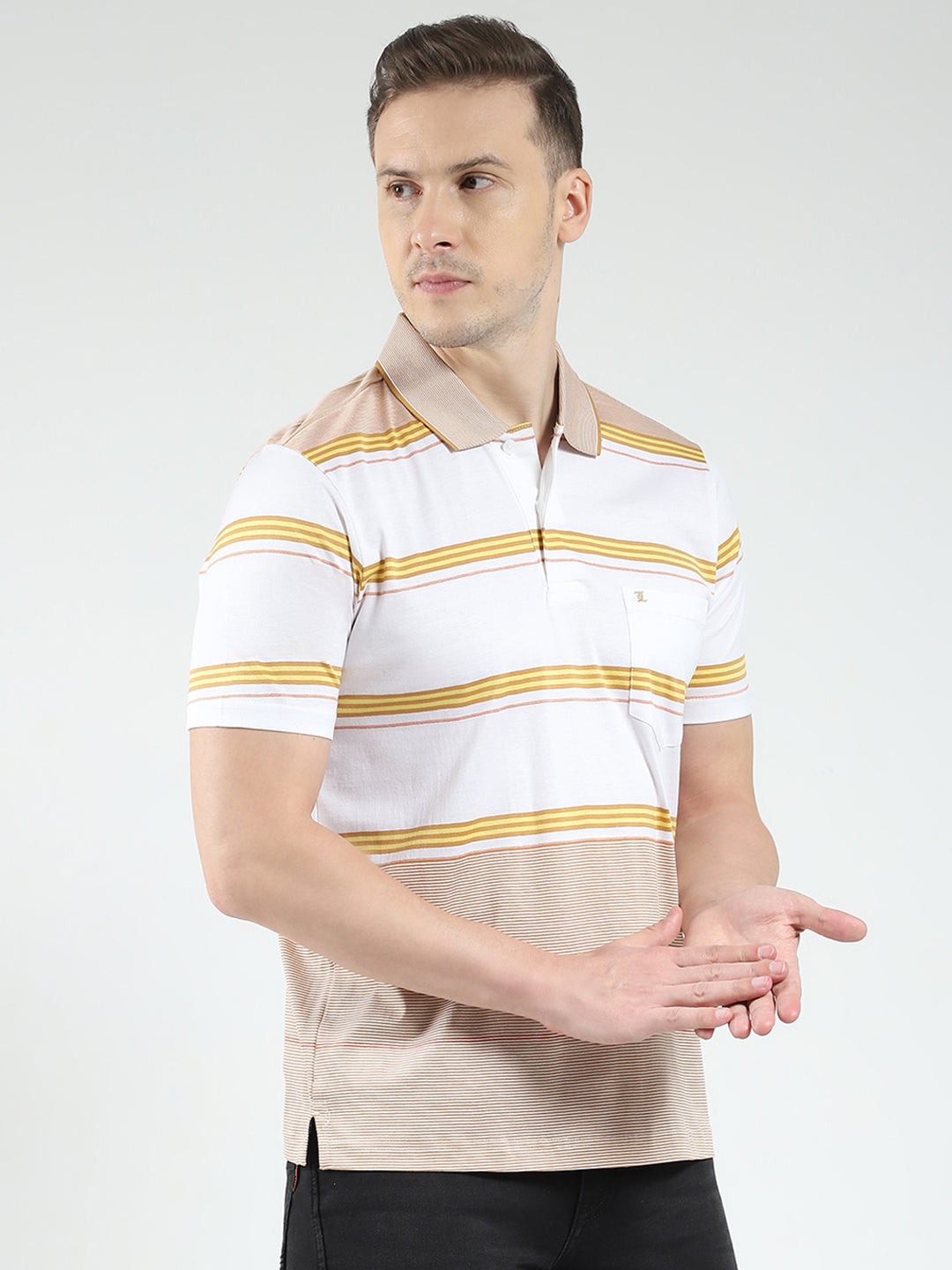 Luxuria Men Beige Stripe Collar Half Sleeve T-Shirt